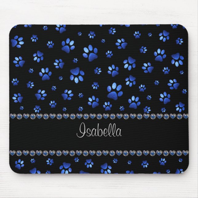 Custom name, blue glitter dog paws  mouse pad (Front)