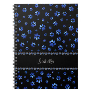 Custom name, blue glitter dog paws notebook