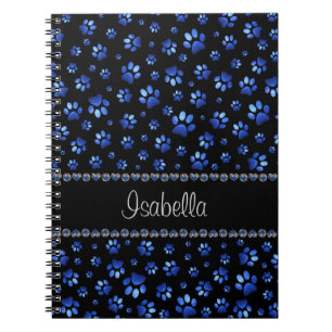 Custom name, blue glitter dog paws notebook