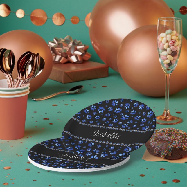 Custom name, blue glitter dog paws paper plate (Multi)