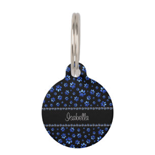 Custom name, blue glitter dog paws pet tag