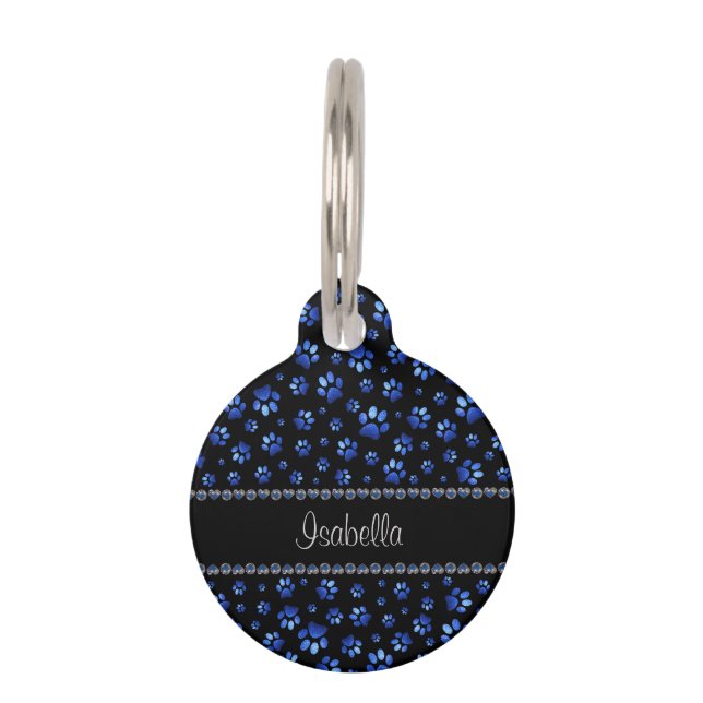 Custom name, blue glitter dog paws pet tag (Front)