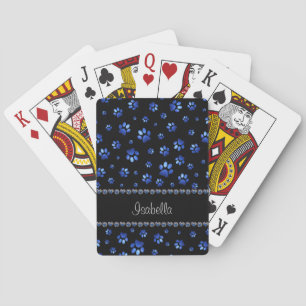 Custom name, blue glitter dog paws  playing cards
