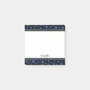 Custom name, blue glitter dog paws post-it notes