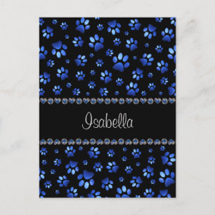 Custom name, blue glitter dog paws postcard