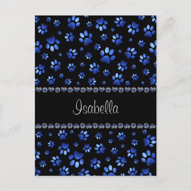 Custom name, blue glitter dog paws postcard (Front)