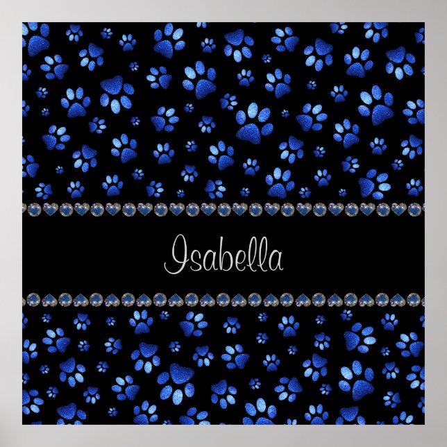 Custom name, blue glitter dog paws poster (Front)