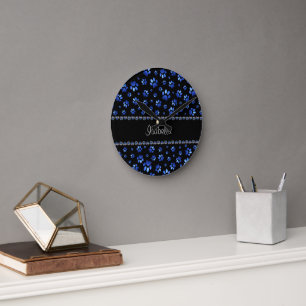 Custom name, blue glitter dog paws round clock