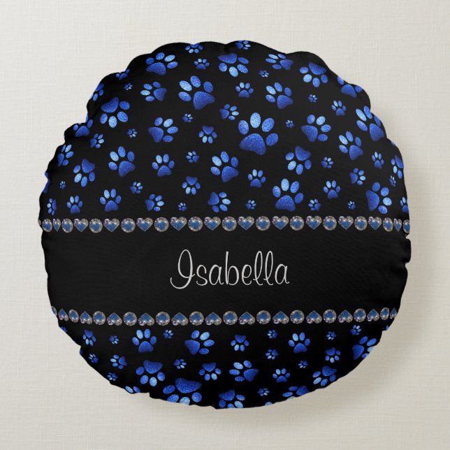 Custom name, blue glitter dog paws round cushion (Front)