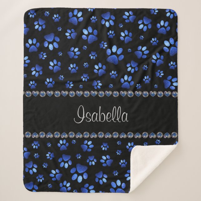 Custom name, blue glitter dog paws sherpa blanket (Front)