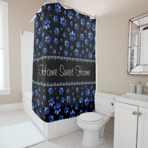 Custom name, blue glitter dog paws shower curtain