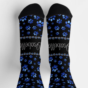 Custom name, blue glitter dog paws socks