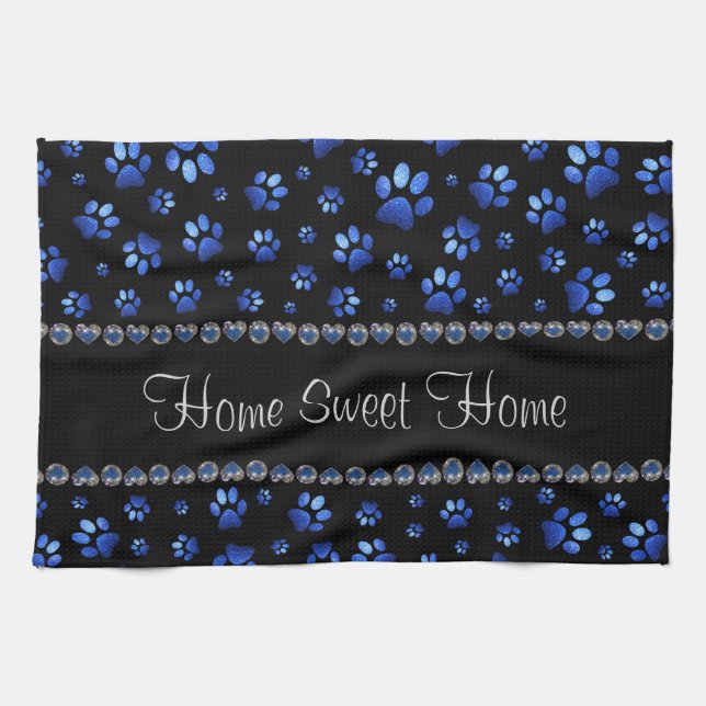 Custom name, blue glitter dog paws tea towel (Horizontal)