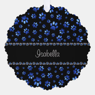 Custom name, blue glitter dog paws tree decoration card