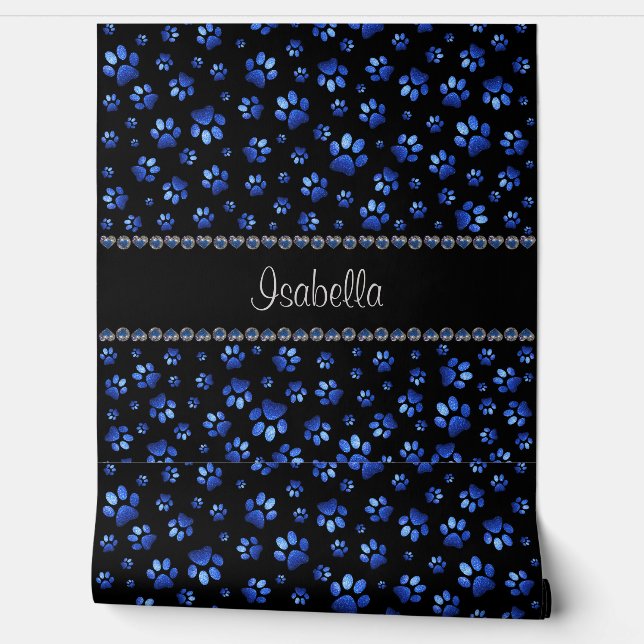 Custom name, blue glitter dog paws wallpaper (Unrolling)
