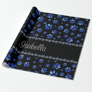 Custom name, blue glitter dog paws wrapping paper
