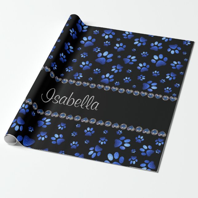 Custom name, blue glitter dog paws wrapping paper (Unrolled)