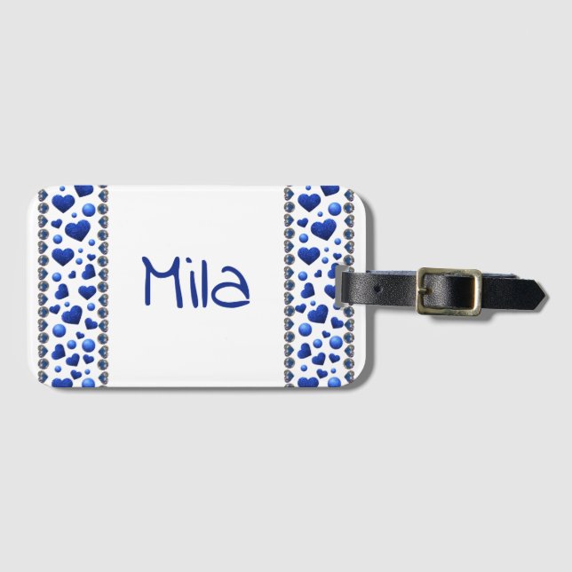 Custom name, Blue glitter heart Luggage Tag (Front Horizontal)
