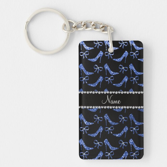 Custom name blue glitter high heels bow key ring (Front)