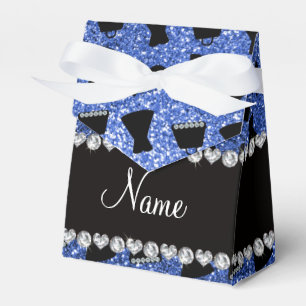 Custom name blue glitter high heels dress purse favour box
