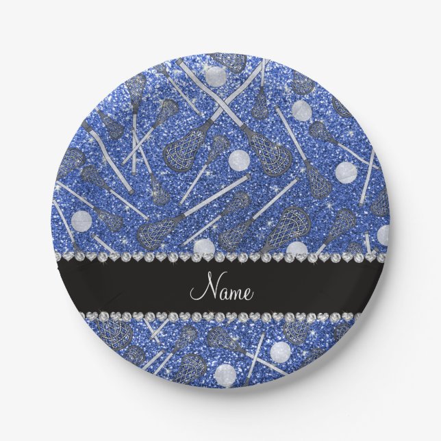 Custom name blue glitter lacrosse sticks paper plate (Front)