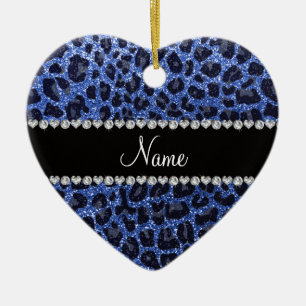 Custom name blue glitter leopard print ceramic tree decoration
