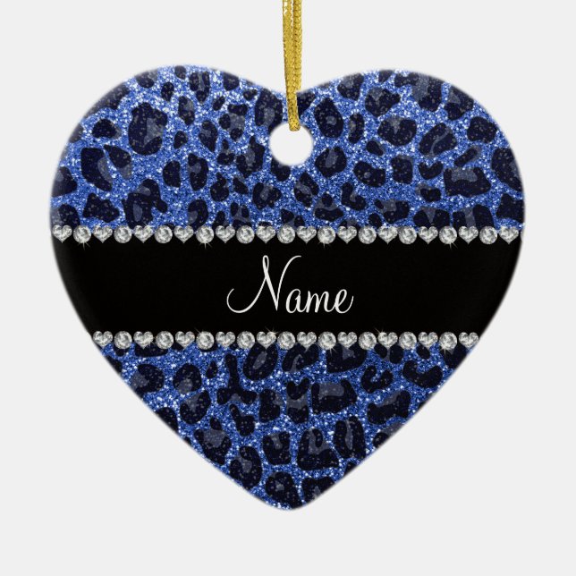 Custom name blue glitter leopard print ceramic tree decoration (Front)