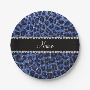Custom name blue glitter leopard print paper plate