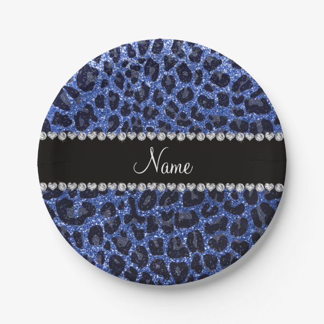 Custom name blue glitter leopard print paper plate (Front)