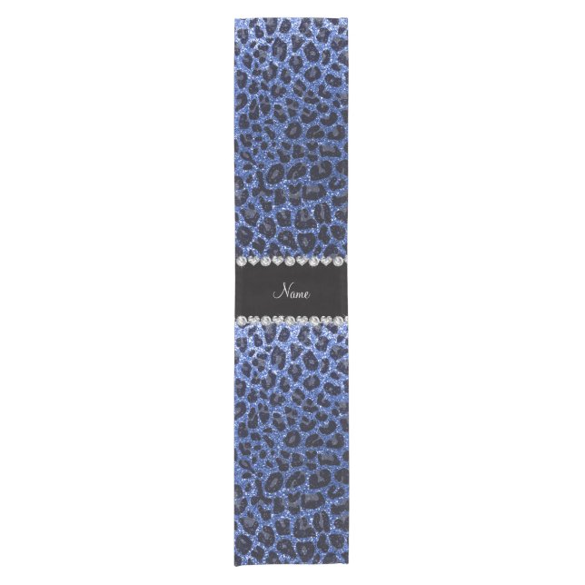 Custom name blue glitter leopard print short table runner (Front)