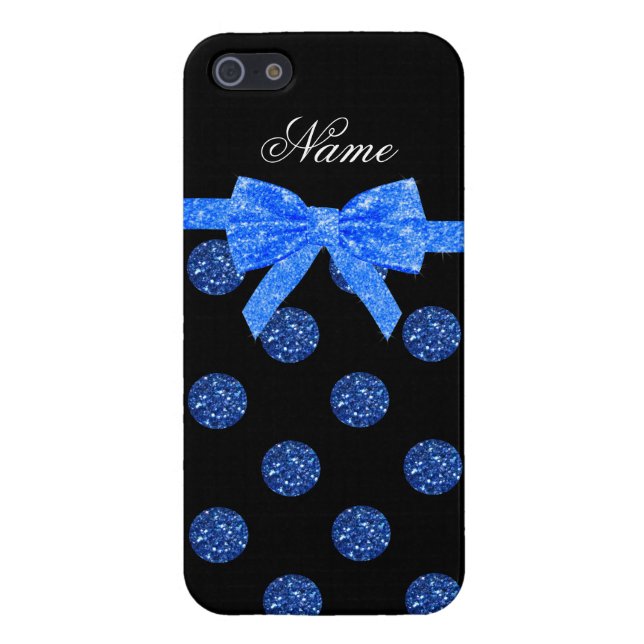 Custom name blue glitter polka dots bow iPhone case (Back)