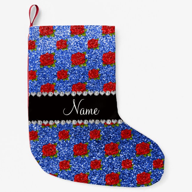 Custom name blue glitter roses small christmas stocking (Front)