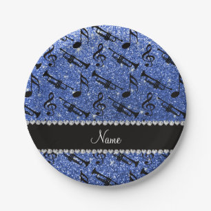 Custom name blue glitter trumpets music notes paper plate