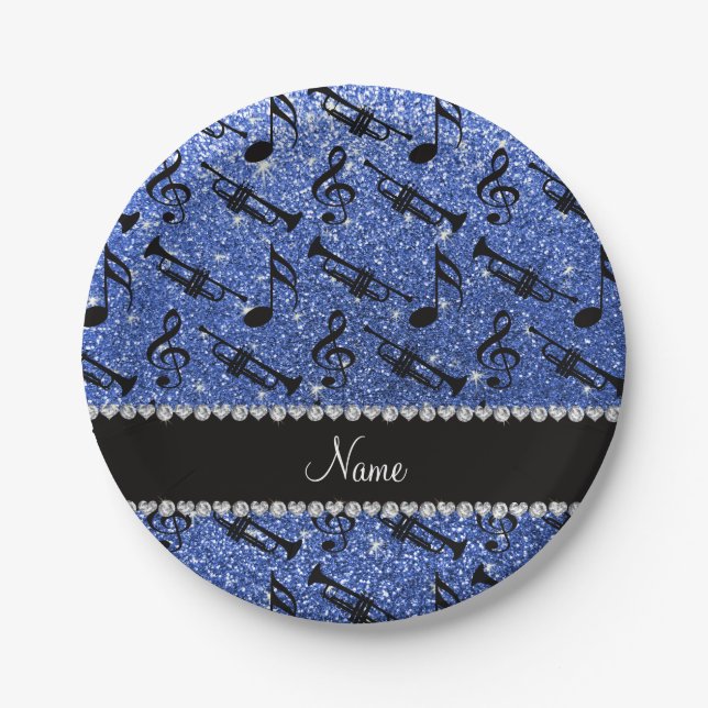 Custom name blue glitter trumpets music notes paper plate (Front)