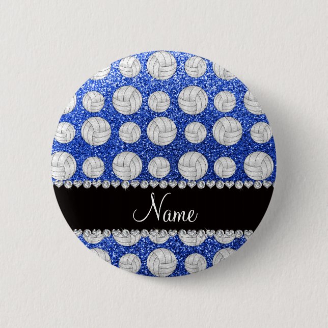 Custom name blue glitter volleyballs 6 cm round badge (Front)