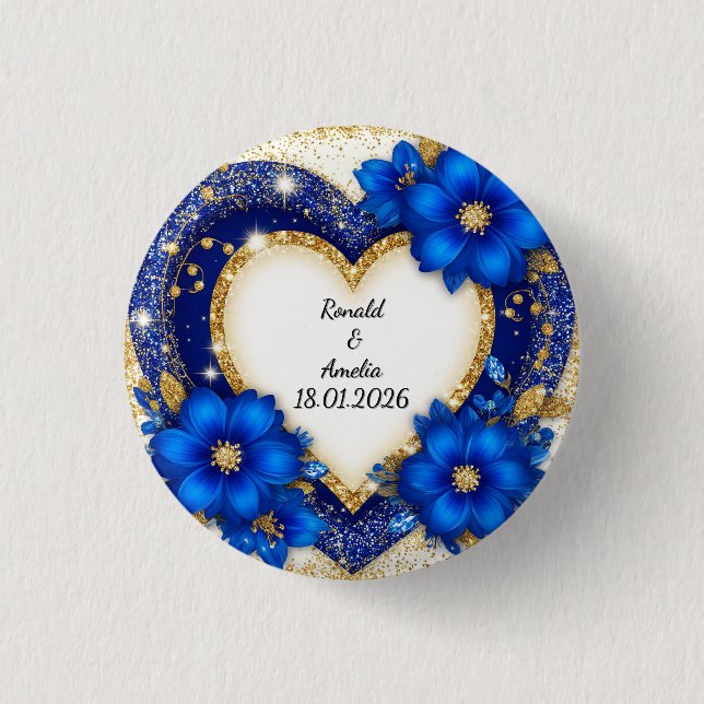 Custom Name Blue Gold Heart Frame Button Gift (Front)