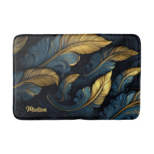 Custom Name Blue - Gold Leafs Bath Mat