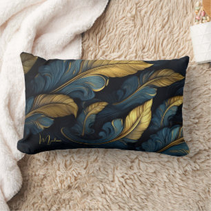 Custom Name Blue - Gold Leafs Lumbar Cushion