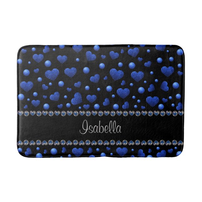 Custom name, Blue heart glitter pattern Bath Mat (Front)