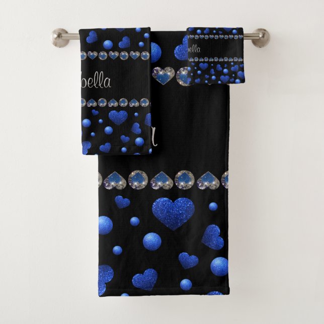 Custom name, Blue heart glitter pattern  Bath Towel Set (Insitu)