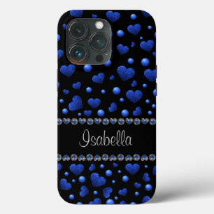 Custom name, Blue heart glitter pattern  iPhone 13 Pro Case