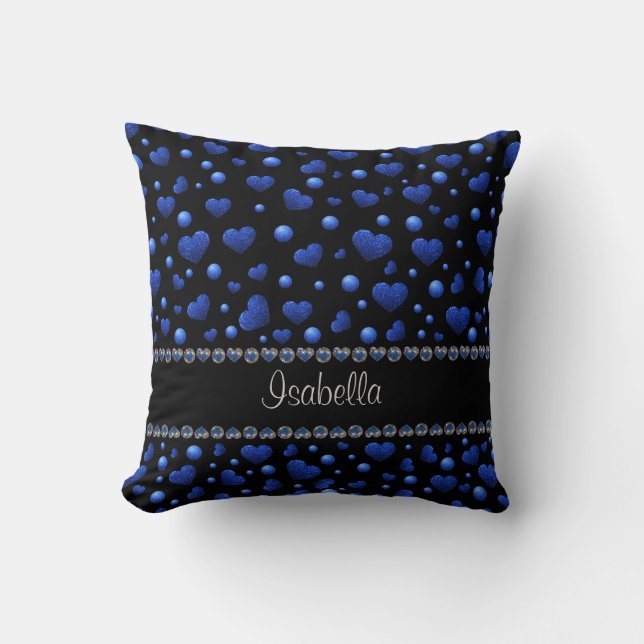 Custom name, Blue heart glitter pattern  Cushion (Front)