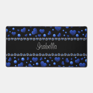 Custom name, Blue heart glitter pattern Desk Mat