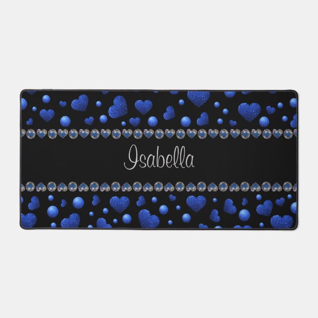 Custom name, Blue heart glitter pattern   Desk Mat (Front)