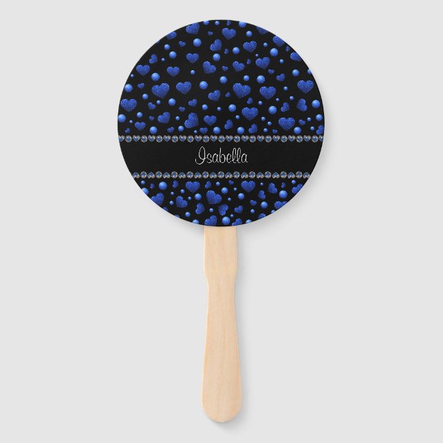 Custom name, Blue heart glitter pattern Hand Fan (Front)