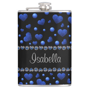Custom name, Blue heart glitter pattern  Hip Flask