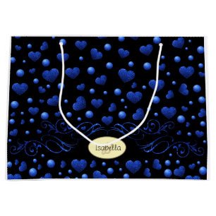 Custom name, Blue heart glitter pattern Large Gift Bag