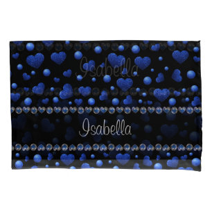 Custom name, Blue heart glitter pattern Pillowcase