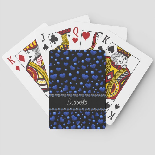 Custom name, Blue heart glitter pattern  Playing Cards (Back)