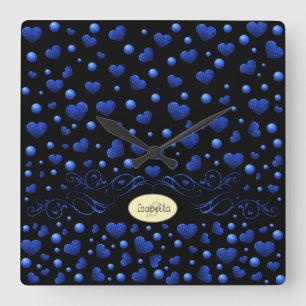 Custom name, Blue heart glitter pattern  Square Wall Clock